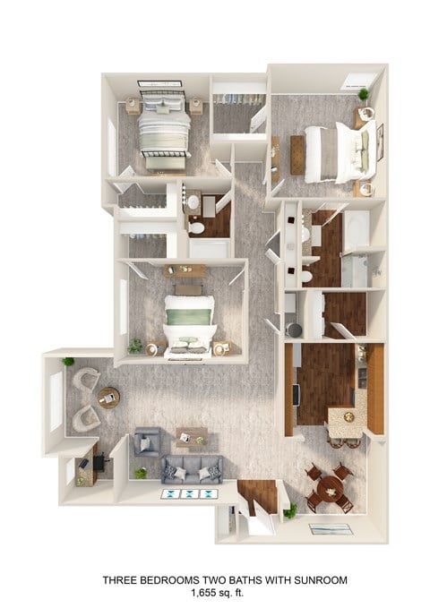 Floor plan for 3 beds, 2 baths, 1655 sqft
